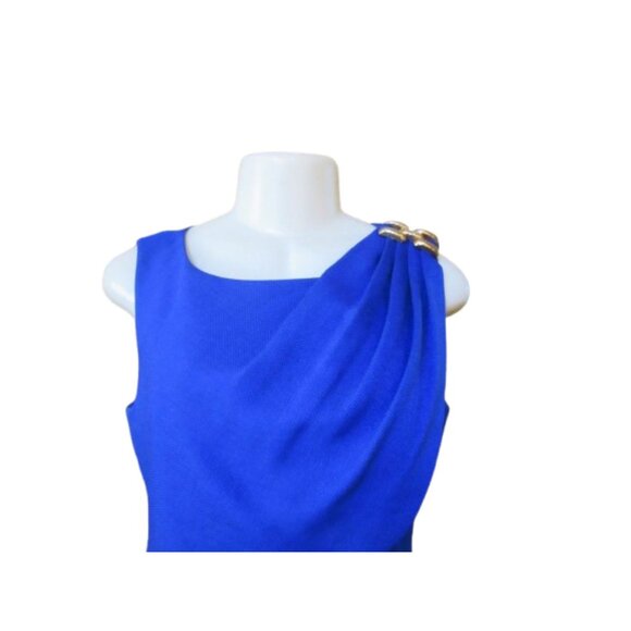 Kay Unger New York Blue/Purple Draped Shoulder Dress Size 10 With Gold Accents - Picture 2 of 6